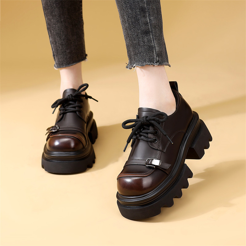 欧洲站爆款厚底乐福鞋女设计感圆头交叉绑带增高小皮鞋复古风女鞋,淘宝优惠券,粉丝福利购,淘宝优惠卷