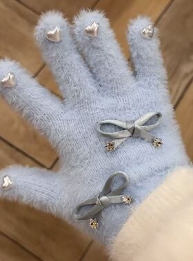 粉色系蝴蝶结亮星星蓝色手套女冬季保暖甜美可爱卡通学生骑行仿寒