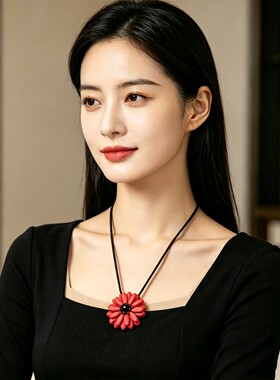 仿松石花朵黑绳手编女毛衣链