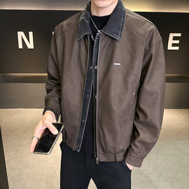 Men's new autumn 2026 fake two-piece leather jacket, popular and versatile, simple, no-wash, youth long-sleeved outer wear