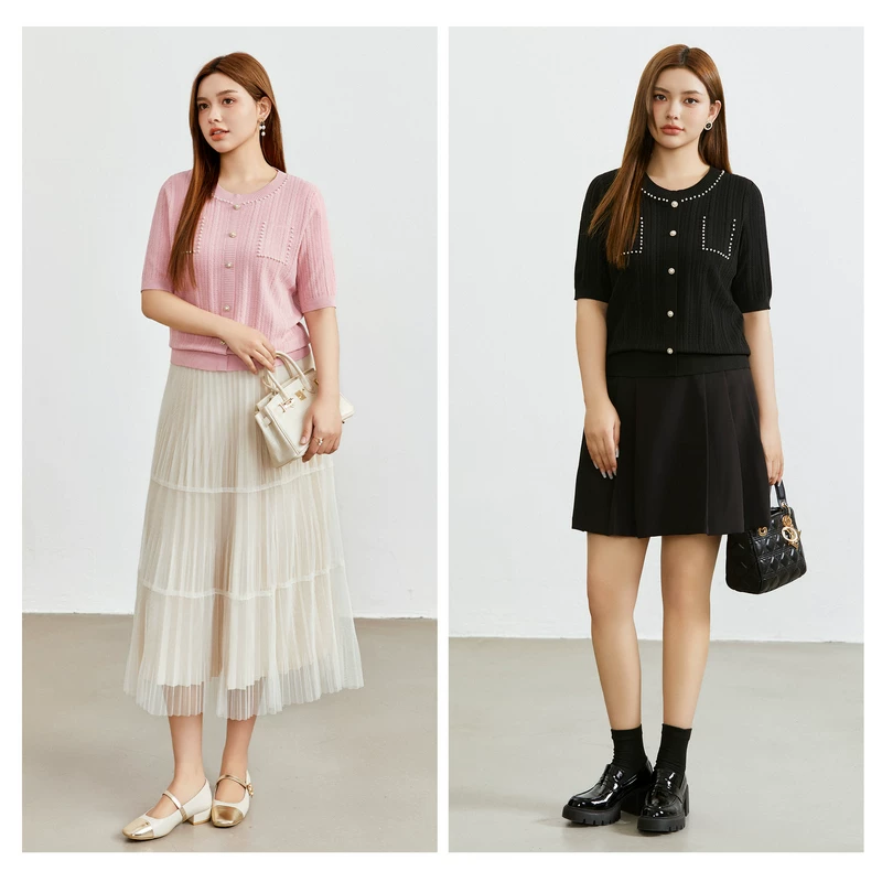 纤莉秀 Sophisticated knitted sweater with a round collar, summer clothing, plus size, western style