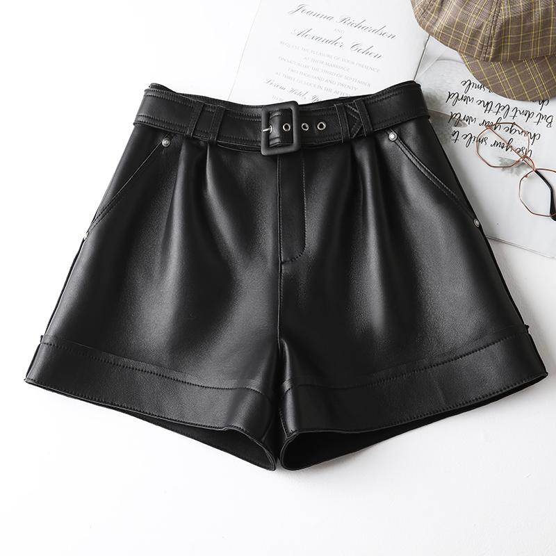 绵羊皮真皮皮短裤女2025新款秋冬高腰显瘦皮裤欧洲站外穿阔腿裤潮 - 图1
