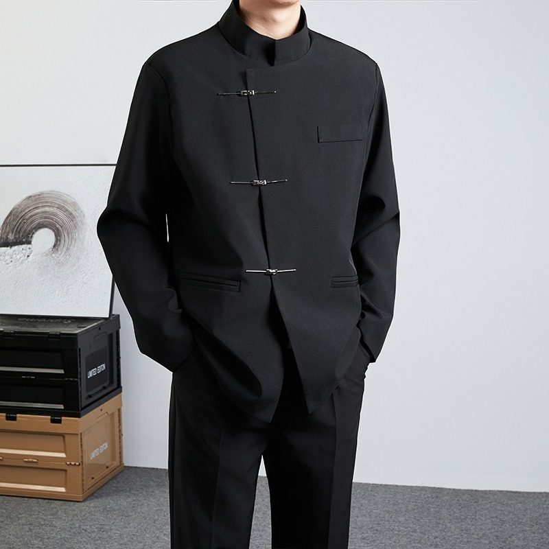 新中式立领金属扣西装男套装痞帅高级感休闲西黑色中山装西服外套,淘宝优惠券,粉丝福利购,淘宝优惠卷