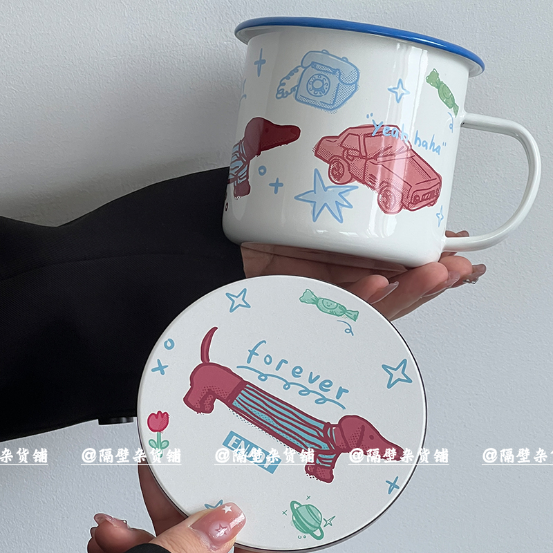 隔壁杂货铺原创腊肠狗搪瓷杯大容量水杯下午茶咖啡杯创意礼物循环 - 图0