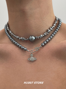 新款土星珍珠项链女小众设计高级感颈链男款嘻哈风轻奢锁骨链配饰