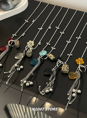 新款天然石琉璃爱心吊坠长款项链女度假风小众设计高级感毛衣链男