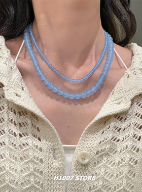 新中式手工串珠海蓝宝项链女小众设计感颈链清新氛围感男款锁骨链