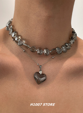 不规则透明灰琉璃爱心双层叠戴项链男小众设计锁骨链女毛衣链新款
