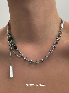 原创设计火山石方块串珠男款项链女小众设计锁骨链民族风颈链饰品