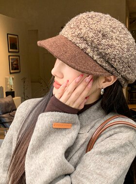 复古拼色贝雷帽女秋冬季保暖显脸小画家帽气质鸭舌帽冬天平顶帽子