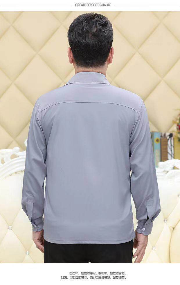 Spring and autumn loose long-sleeved polycotton shirts for middle-aged and elderly men