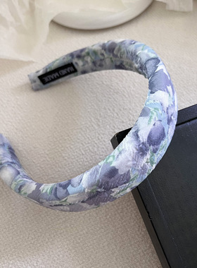 超大号浪漫蓝色碎花大肠发圈法式气质低马尾盘发头绳压发头箍头饰