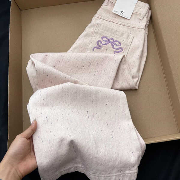 香芋粉噪点直筒裤显瘦yyds！蝴蝶结刺绣牛仔裤女夏高腰宽松阔腿裤 - 图3