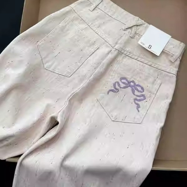 香芋粉噪点直筒裤显瘦yyds！蝴蝶结刺绣牛仔裤女夏高腰宽松阔腿裤 - 图1