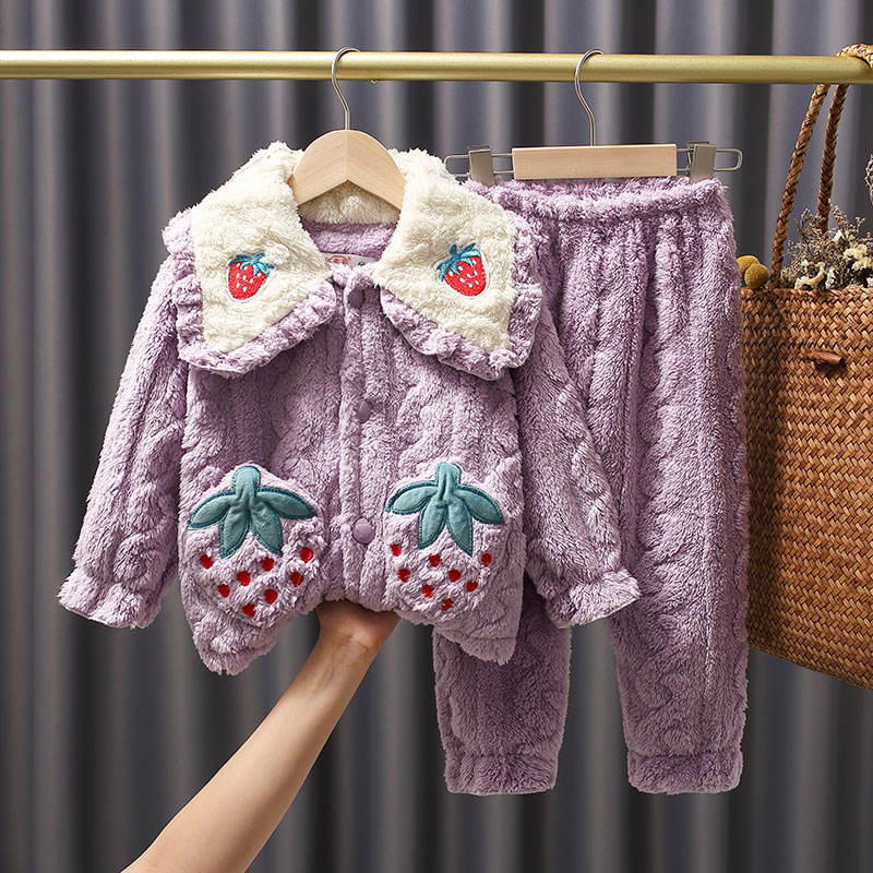新品公主款小孩女童珊瑚绒睡衣 秋冬季长毛法兰绒儿童家居服套装
