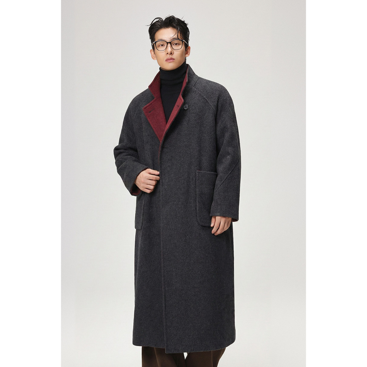 w2x冬季拼色双面羊毛呢大衣男中长款时尚设计感轻奢呢子风衣外套,淘宝优惠券,粉丝福利购,淘宝优惠卷