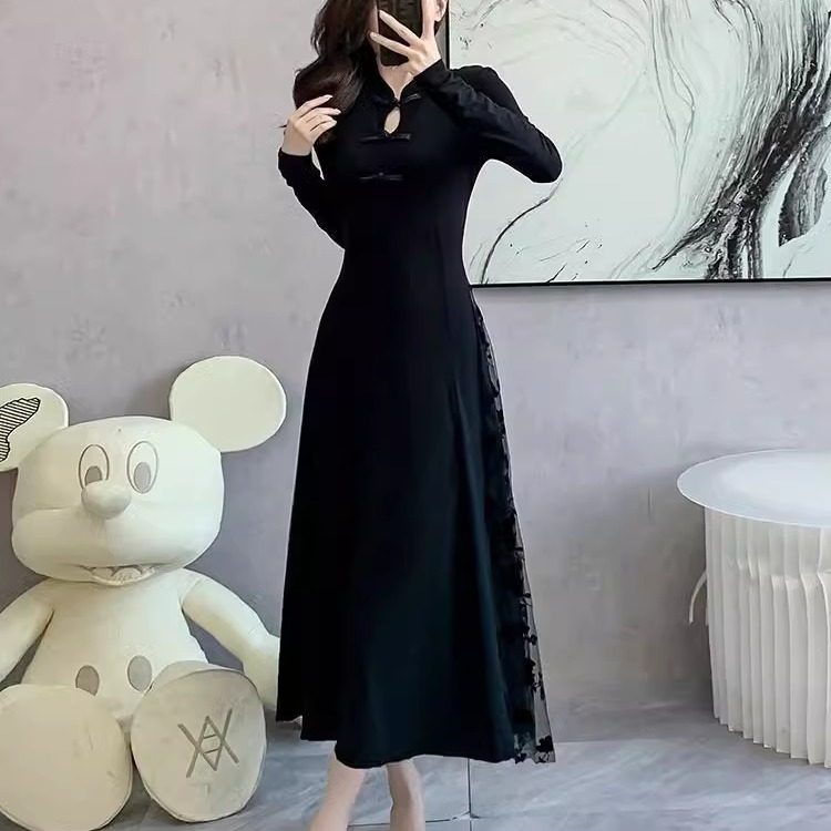 新中式大码女装300斤黑色连衣裙春秋冬季国风盘扣中长款打底裙子,淘宝优惠券,粉丝福利购,淘宝优惠卷