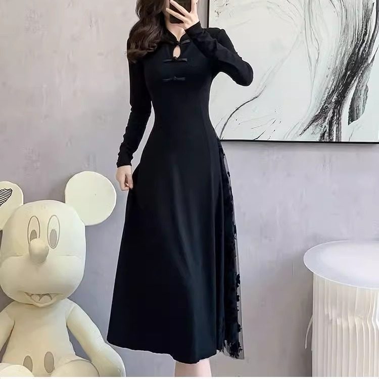 新中式大码女装300斤黑色连衣裙春秋冬季国风盘扣中长款打底裙子,淘宝优惠券,粉丝福利购,淘宝优惠卷