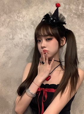 反派美女 万圣节红色玫瑰小礼帽发夹女黑色波点网纱头饰发箍装饰