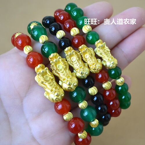 仿越南沙金貔貅手链镀金吉祥平安貔貅玛瑙黑曜石手串男女珠礼物 - 图0