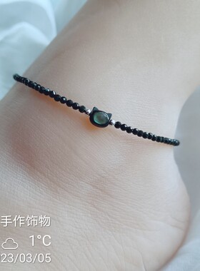 925纯银天然黑尖晶石贝壳小猫咪头脚链女夏季不掉色加长版胖ins链