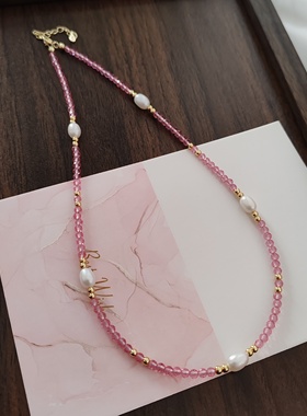 天然淡水珍珠粉水晶锁骨项链时尚简约串珠饰品闺蜜礼物脖链颈带新