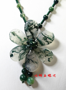 天然水草玛瑙绿色花瓣长款毛衣链