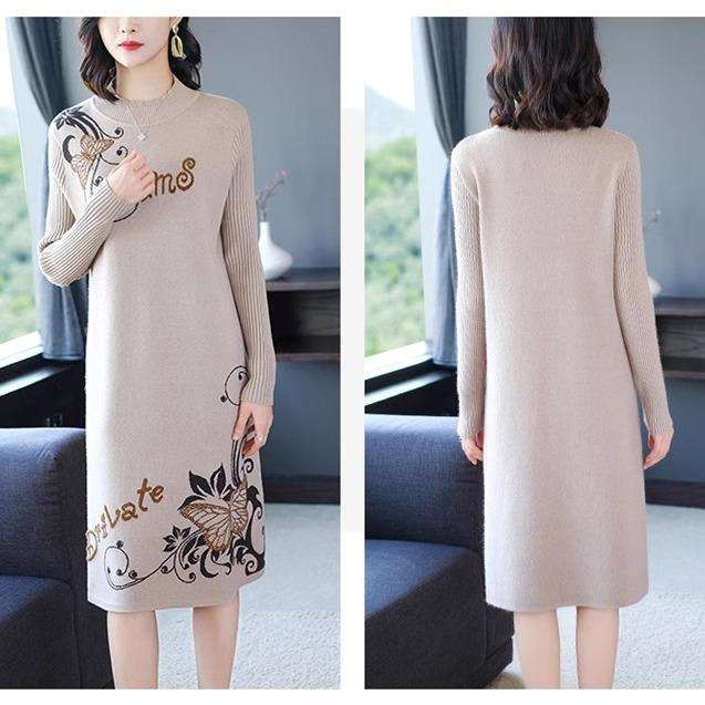 半高领毛衣裙女秋冬新款宽松显瘦中长款针织打底衫过膝长袖连衣裙 - 图1