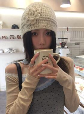 神仙藤井树同款~手工钩花朵针织毛线帽女ins小众复古显脸小包头帽