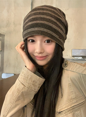 博主款~慵懒感复古条纹显脸小包头堆堆帽女百搭显脸小包头冷帽冬