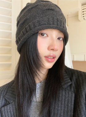 韩代~出片！螺纹卷边ins纯色针织冷帽女秋冬百搭显脸小包头堆堆帽