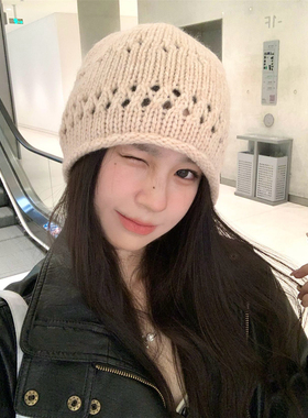韩系风~镂空针织羊毛混纺毛线帽女秋冬百搭显脸小套头冷帽子