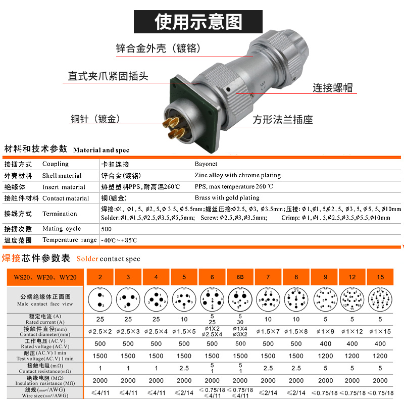 威浦防水航空插头插座WY20 2芯3芯4芯5芯7芯9芯12芯电缆式TI插座Z - 图1