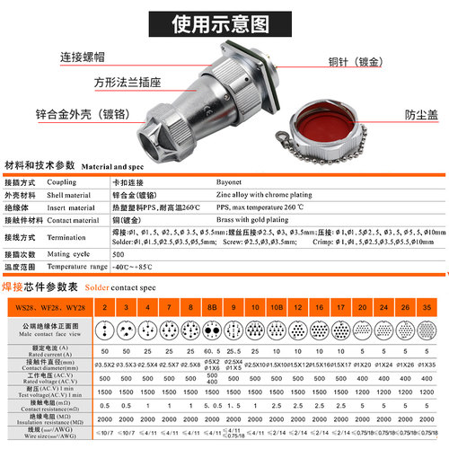 威浦防水航空插头座WY28-2-3-4-7-8-9-10-12-16-17-20-24-26TE/Z - 图2