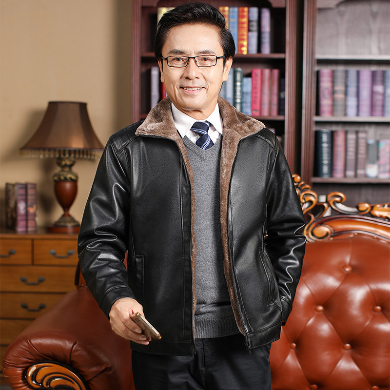 中年男士秋冬季立领装厚款皮夹克衫 蓝靛兰夹克