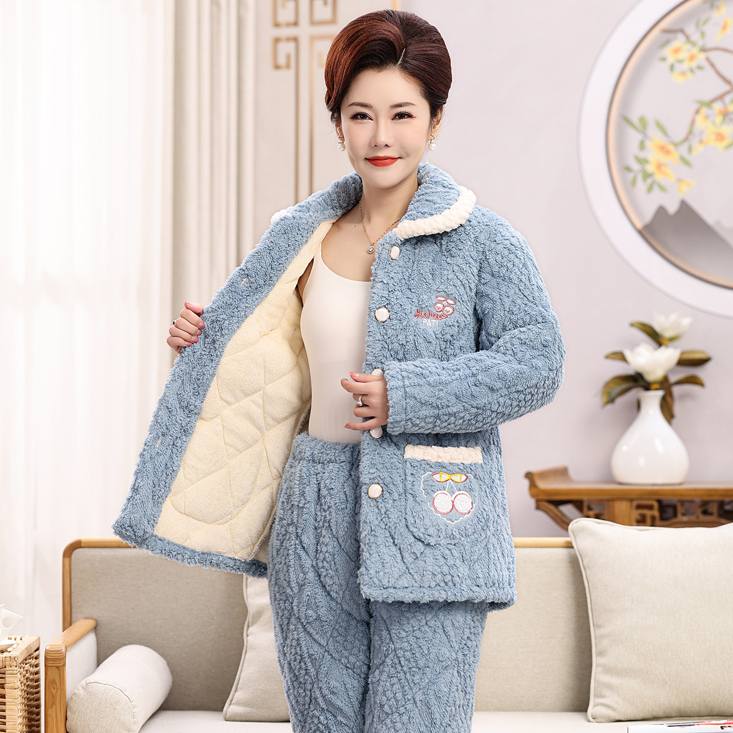 中老年人奶奶睡衣冬季女加厚加绒三层珊瑚绒夹棉保暖家居服妈妈装,淘宝优惠券,粉丝福利购,淘宝优惠卷