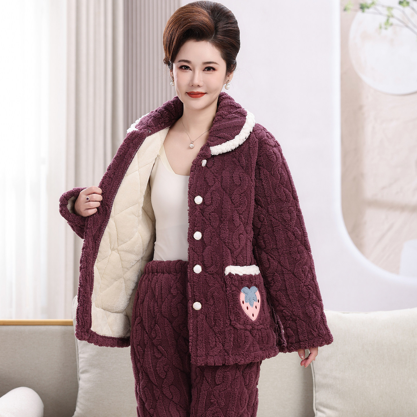 中老年人奶奶睡衣冬季女加厚加绒三层珊瑚绒夹棉保暖家居服妈妈装,淘宝优惠券,粉丝福利购,淘宝优惠卷