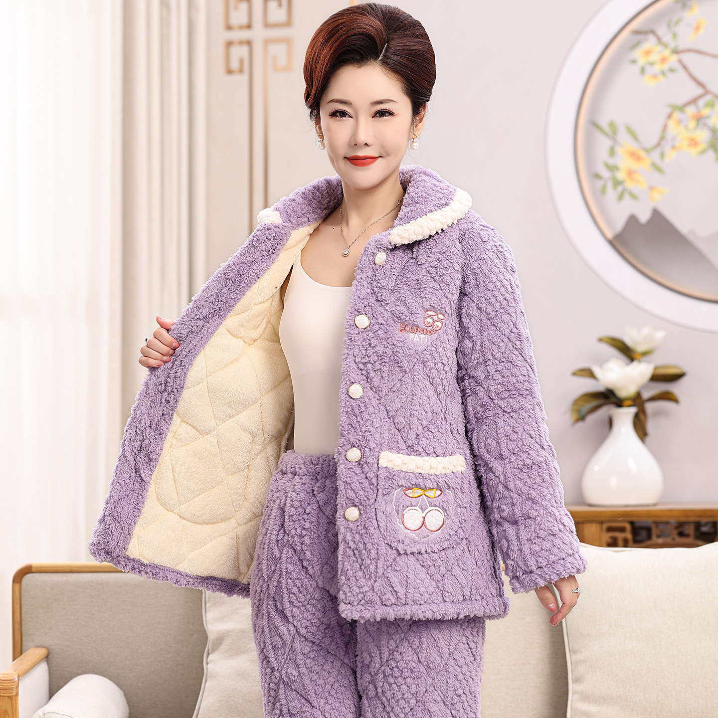 中老年人奶奶睡衣冬季女加厚加绒三层珊瑚绒夹棉保暖家居服妈妈装,淘宝优惠券,粉丝福利购,淘宝优惠卷
