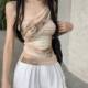 ຕາຫນ່າງ slanted shoulder vest suspender ຂອງແມ່ຍິງ summer ການອອກແບບ niche ຮ້ອນສາວ slimming pleated ດ້ານເທິງສັ້ນ
