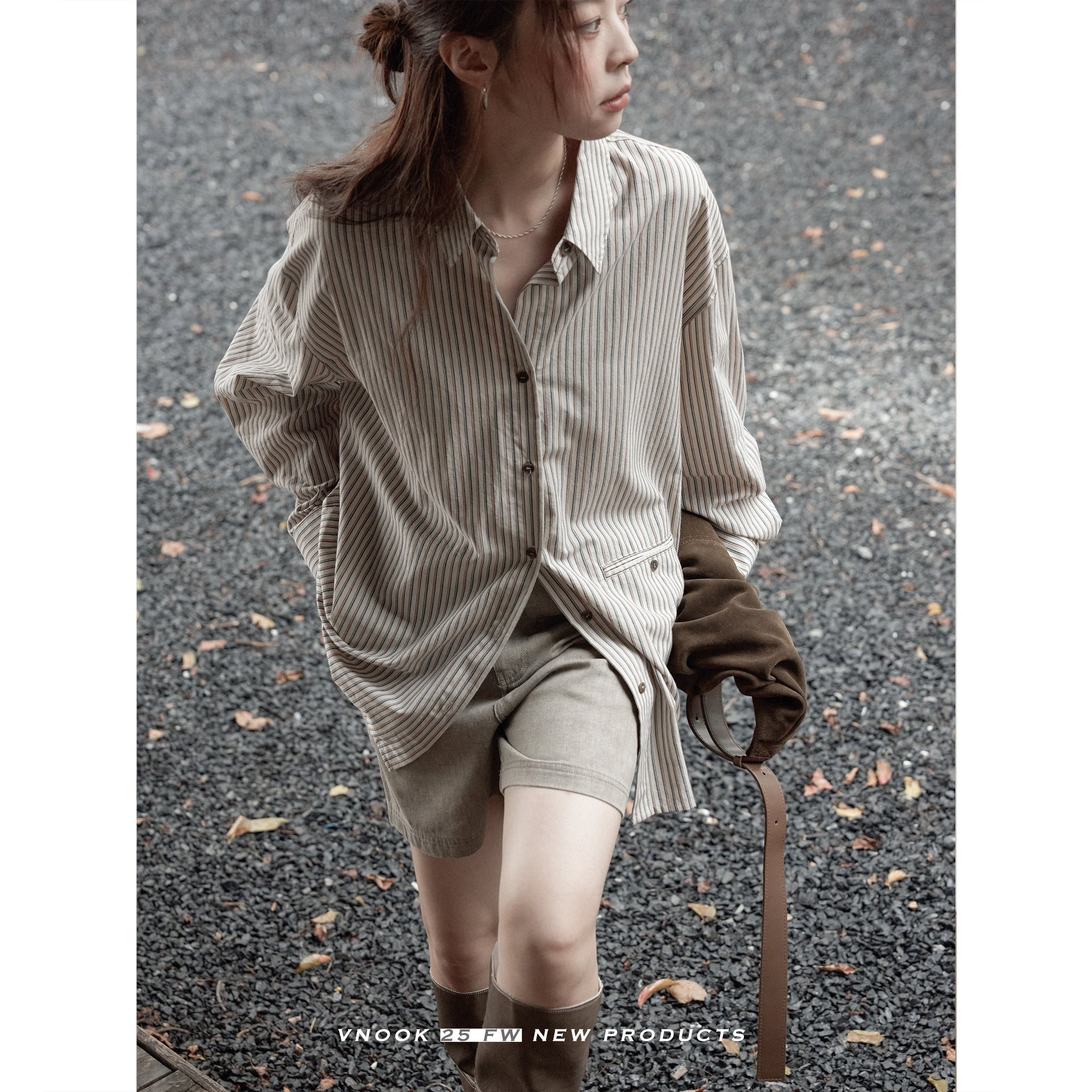 VNOOK 色织棉条纹长袖衬衫女秋季新款宽松设计感小众上衣翻领衬衣