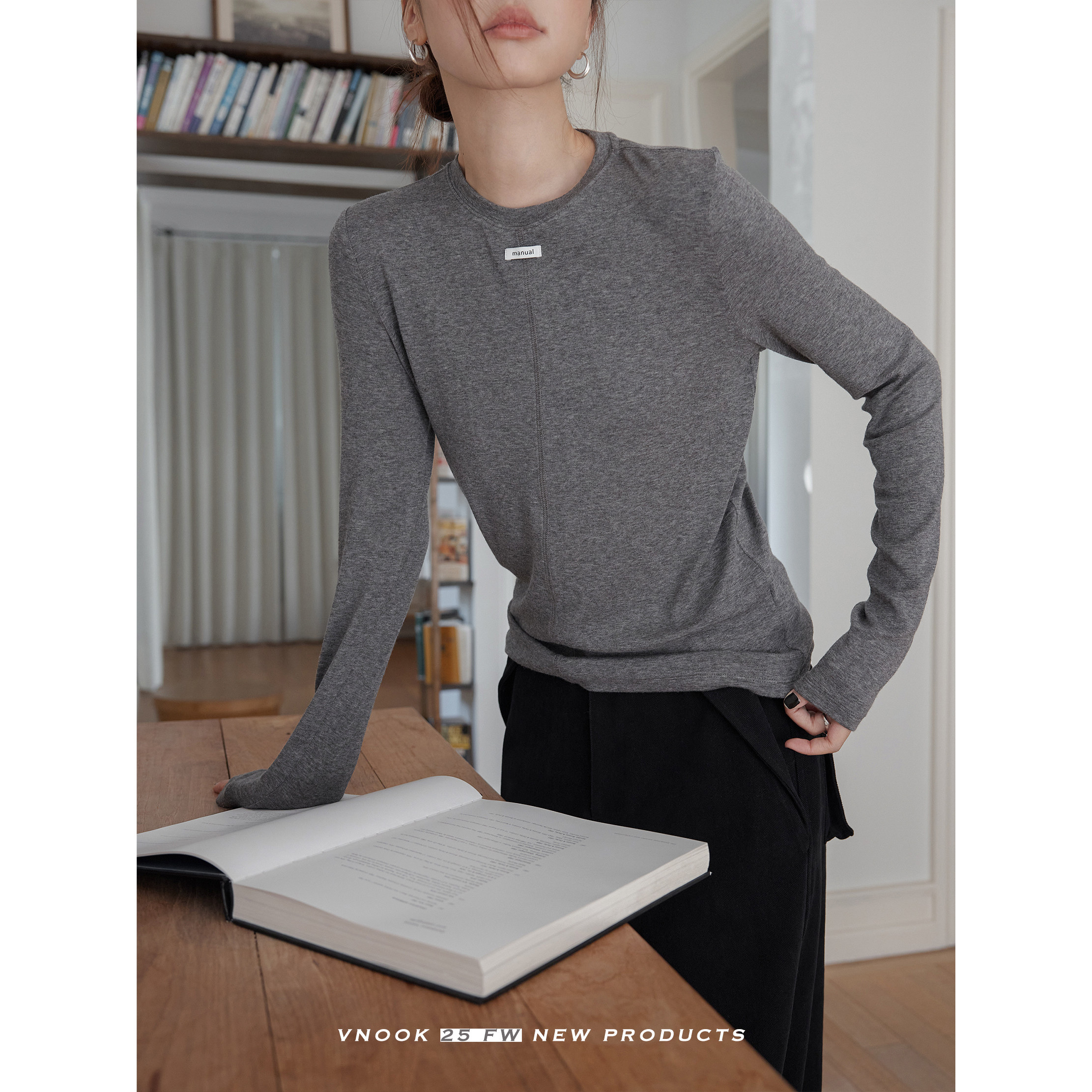 VNOOK天丝羊毛打底衫女秋冬新款亲肤修身显廋弹力正肩圆领长袖t恤