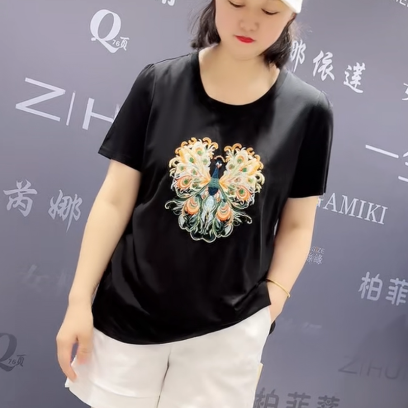 9629芮娜依莲夏季新款韩版宽松显瘦胖MM大码女常规款短袖圆领T恤 - 图0