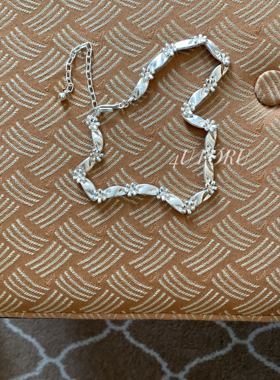 中古Vintage素金拉丝纹理项链小众设计天然贝壳花朵花瓣组合项链