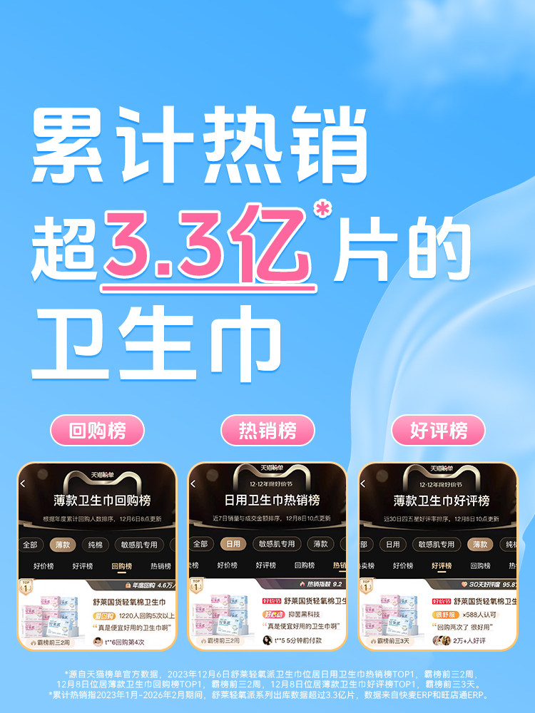 舒莱卫生巾国货轻氧棉日用夜用超熟睡薄款透气姨妈巾女组合装整箱