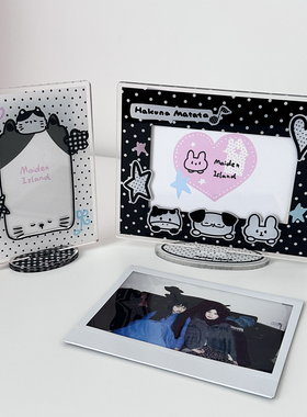 少女岛原创黑色波点猪包小狗插画wide宽幅拍立得相框立牌送礼物