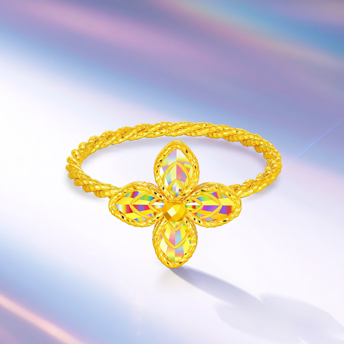 Gold Supreme Flash Drunken Gold Four-leaf Clover Ring Women's Hard Foot Gold Women's Ring Colorful Gold Rainbow Twist Twisted Wire Ring