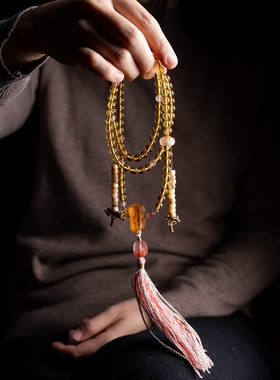 卡杰格朵.原创设计天然金珀黄财神108颗佛珠手串蜜蜡手链项链念珠