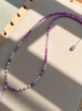 薰衣草色通透紫色珠子串珠细巧简约优雅锁骨链吊坠挂绳黄金项链绳