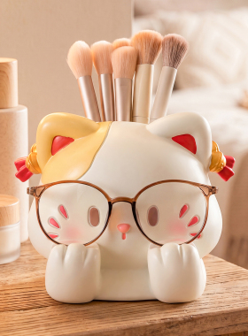 趣味三花猫咪笔筒摆件