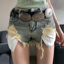 Chicly Nana hot girl with old color jeans Broken Hole Dew pocket Flow Sulu side Sexy low waist hot pants shorts